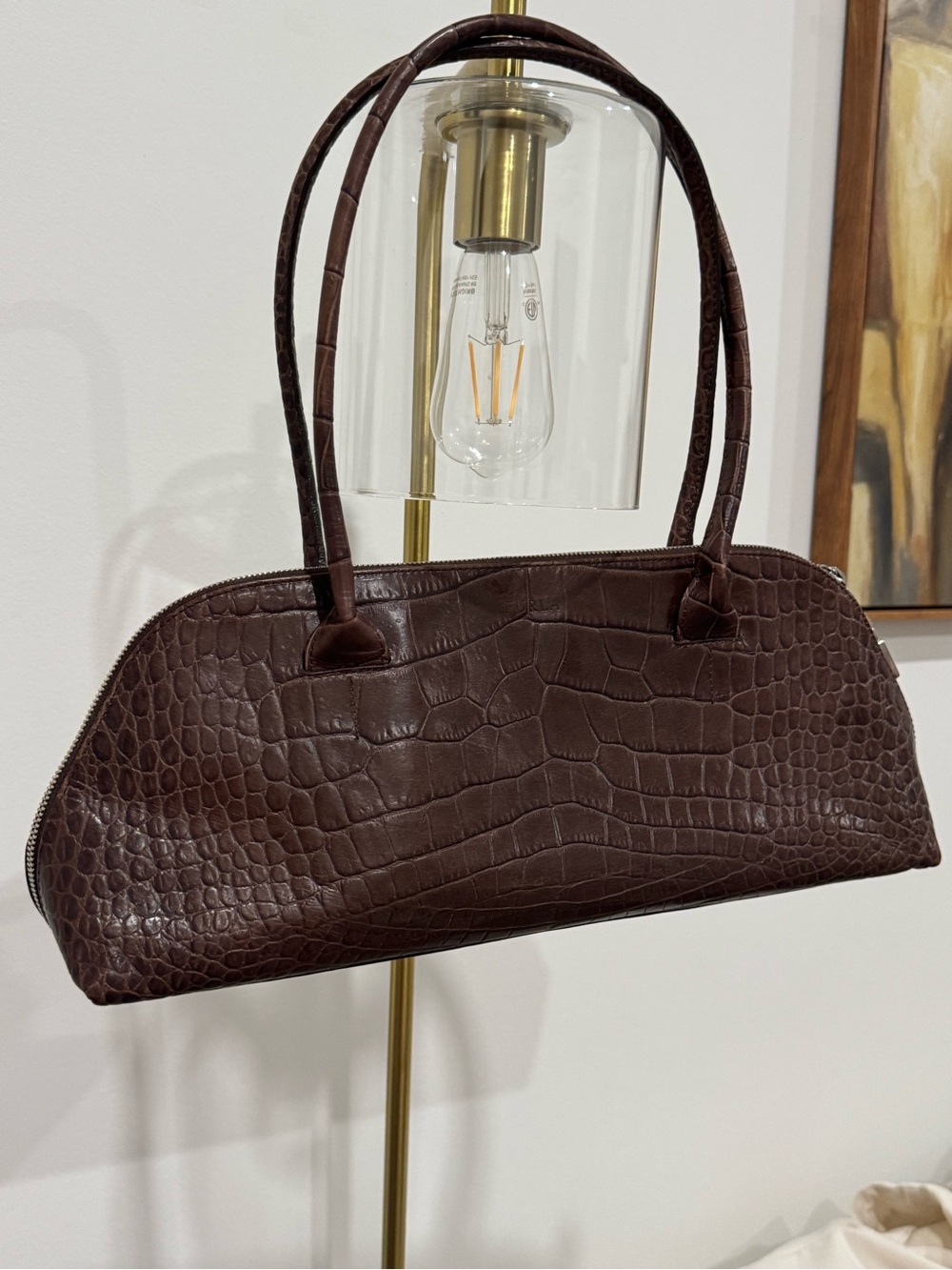 Vintage Furla Brown Croc-Embossed Leather East West Satchel Made in Italy
